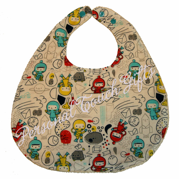 Space Explorers on White Fabric, Organic Baby Bib