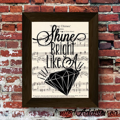 One of a kind limited shine bright like a diamond inspired music art print upcycled early 1900's music book  #0004