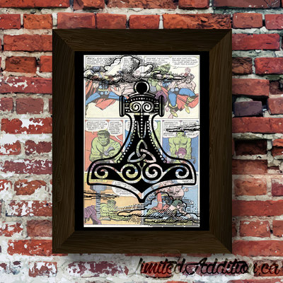 Thor mjölnir hammer super hero upcycled vintage comic book art print. #0034