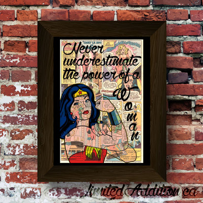 Wonder woman never underestimate the power of a woman quote upcycled vintage comic book art print. #0030