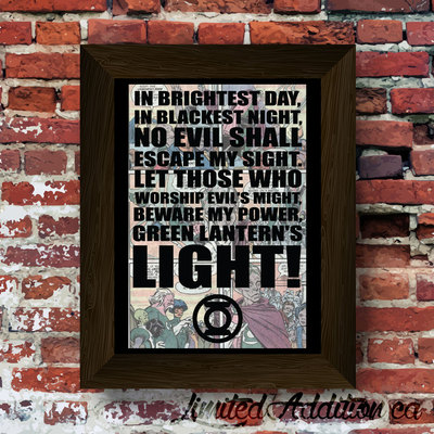 The green lanterns' oath with symbol quote upcycled vintage comic book art print. #0041