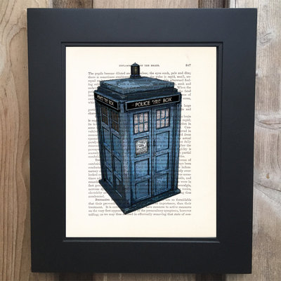 Doctor who inspired tardis art print on upcycled 1903 medicology book #0003