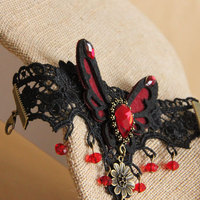 Gothic Goth Evening Black Lace Red Butterfly Droplets Slave Bracelet With Ring - Thumbnail 2