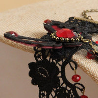 Gothic Goth Evening Black Lace Red Butterfly Droplets Slave Bracelet With Ring - Thumbnail 3