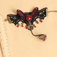 Gothic Goth Evening Black Lace Red Butterfly Droplets Slave Bracelet With Ring - Thumbnail 4