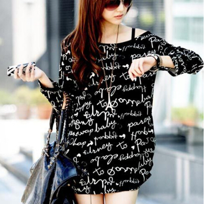 Fashion cotton blends long sleeve o-neck pullover letter womens t-shirts 025-140507024