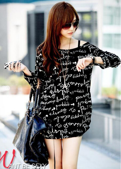 Fashion cotton blends long sleeve o-neck pullover letter womens t-shirts 025-140507024