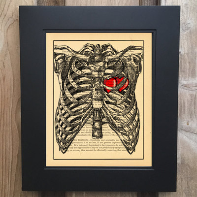 Time lord ribcage hearts art print on upcycled 1903 medicology text book page doctor who inspired #0010
