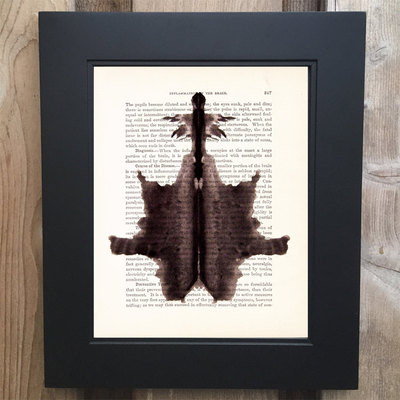 Rorschach inkblot test #6 art print on upcycled 1903 medicology book #0004