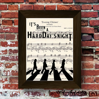 One of a kind limited beatles hard days night inspired music lyric art print upcycled early 1900's music book  #0007