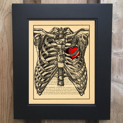 Ribcage heart  art print on upcycled 1903 medicology book #0009