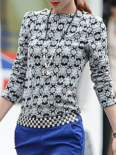 Fashion cotton blends long sleeve o-neck pullover print womens t-shirts 025-150107009