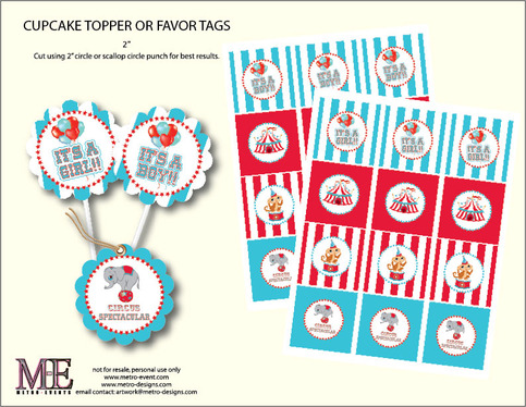 Vintage Circus Baby Shower Tags/Toppers