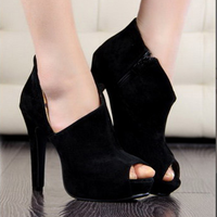 Black Velvet Open Toe High Heels - Thumbnail 1