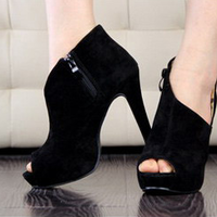 Black Velvet Open Toe High Heels - Thumbnail 2