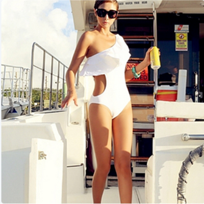 Oblique waist ruffle side one piece swimsuit