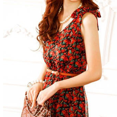 Red chiffon dress with belt