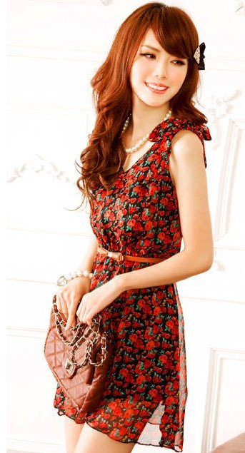 Red Chiffon Dress With Belt