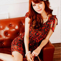 Red Chiffon Dress With Belt - Thumbnail 1