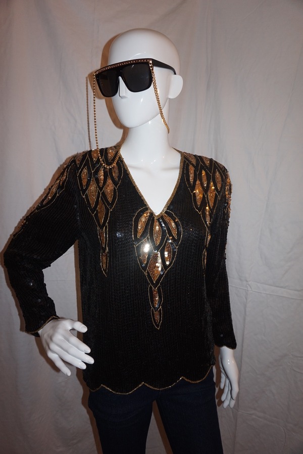 Vintage Petite Illustrations Black/Gold Sequins Top Size S
