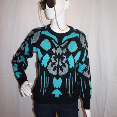 Vintage apell barre black/turquoise sweater size s