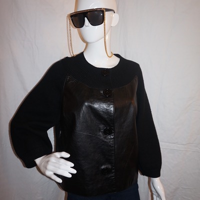 Vintage jones ny black leather wool top size xl