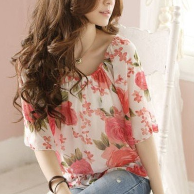 Rose print loose chiffon blouse - Thumbnail 5
