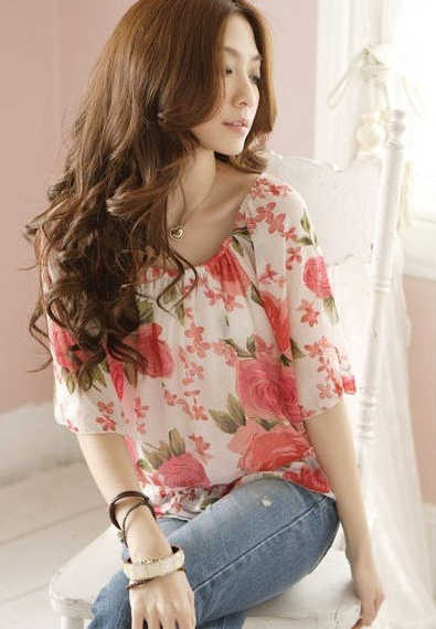 Rose Print Loose Chiffon Blouse