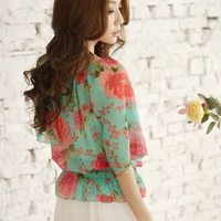 Rose Print Loose Chiffon Blouse - Thumbnail 3