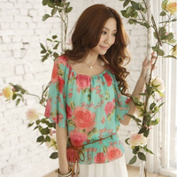 Rose Print Loose Chiffon Blouse - Thumbnail 4