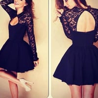 Black Lace Stitching Dress - Thumbnail 1