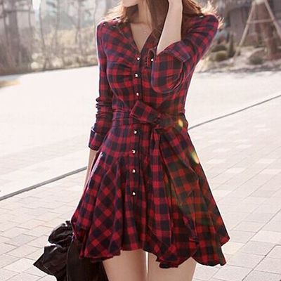 Red retro plaid dress - Thumbnail 1