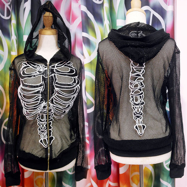Harajuku embroidery skull bones patent leather openwork mesh hooded jacket 