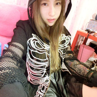 Harajuku embroidery skull bones patent leather openwork mesh hooded jacket  - Thumbnail 2