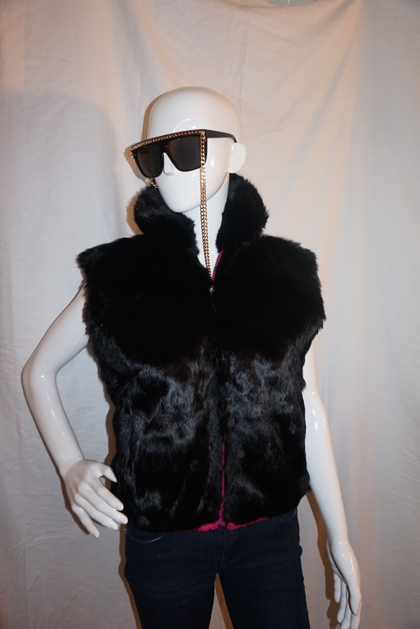 Vintage Black Rabbit Fur Reversible Vest Size M 