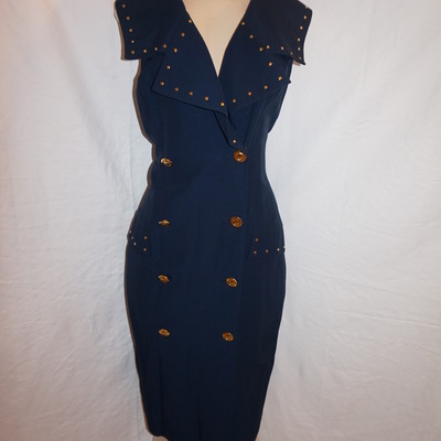 Vintage joseph ribkoff navy blue/gold button dress size m-l