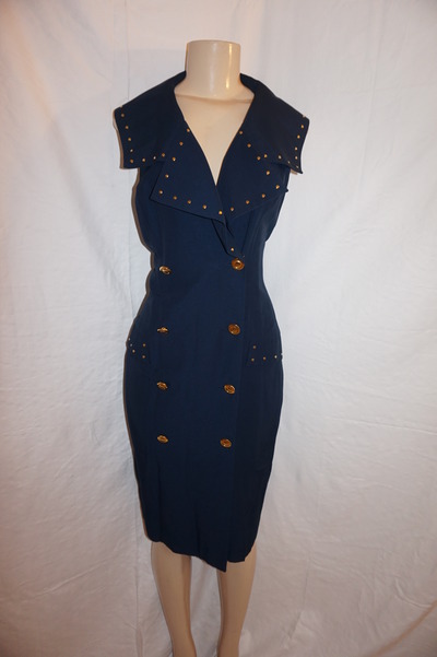 Vintage joseph ribkoff navy blue/gold button dress size m-l