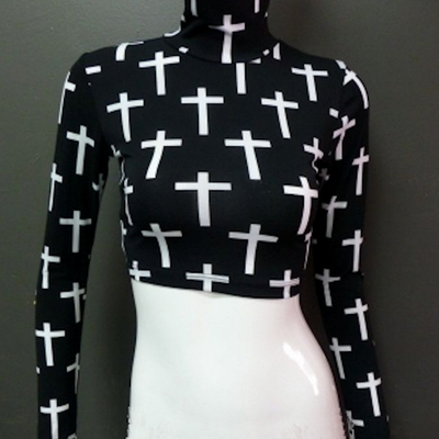 Black/white turtle neck crop top - Thumbnail 4