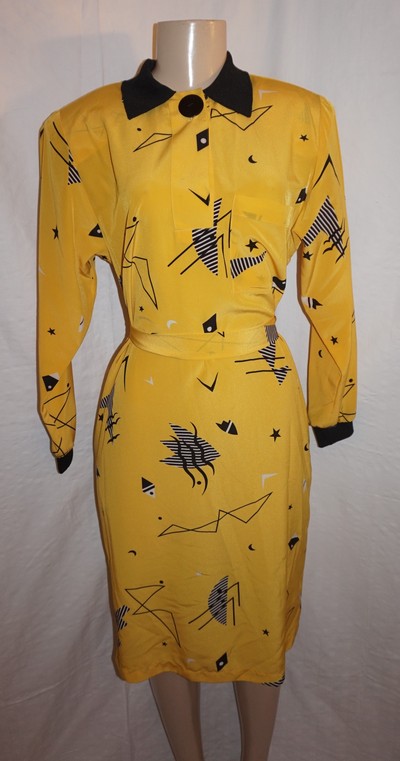 Vintage ms. chaus yellow dress w/ belt, size m