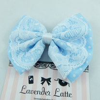 Baby Blue Pastel Polkadot Hair Bow with Delicate White Lace Overlay -- Vintage Insprired Hair Clip