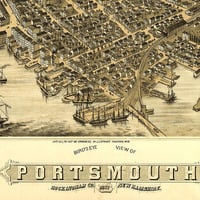Portsmouth, NH in 1877 - Bird's Eye View Map, Aerial, Panorama, Vintage, Antique, Reproduction, Giclée, Framable, Fine Art - Thumbnail 1