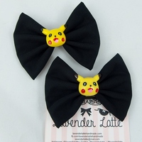 Pikachu Head on Black Fabric Bow Pokemon Kawaii Hair Accessory - Thumbnail 1