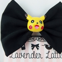 Pikachu Head on Black Fabric Bow Pokemon Kawaii Hair Accessory - Thumbnail 2