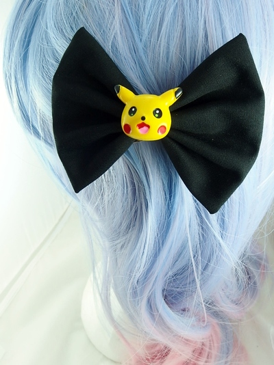 Pikachu Head on Black Fabric Bow Pokemon Kawaii Hair Accessory