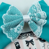 Teal Hair Bow with White Lace Center Overlay Hair Clip - Thumbnail 1