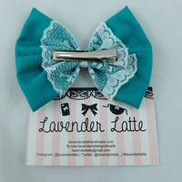 Teal Hair Bow with White Lace Center Overlay Hair Clip - Thumbnail 3