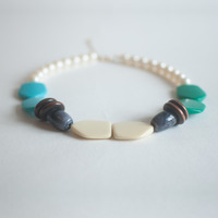 Pentagon Chocolate Round Disc Wooden Beads Pearl Statement Necklace, Ivory Color Sky Blue Turquoise Gray Beaded Pendant Necklace NL0756 - Thumbnail 1