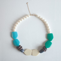 Pentagon Chocolate Round Disc Wooden Beads Pearl Statement Necklace, Ivory Color Sky Blue Turquoise Gray Beaded Pendant Necklace NL0756 - Thumbnail 2