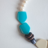 Pentagon Chocolate Round Disc Wooden Beads Pearl Statement Necklace, Ivory Color Sky Blue Turquoise Gray Beaded Pendant Necklace NL0756 - Thumbnail 3