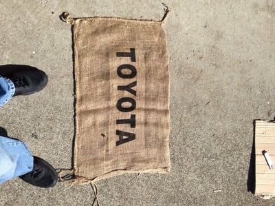 Burlap sack black writing